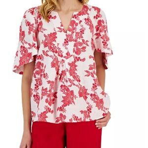 Charter Club Luxury Linen Red White Floral Split Neck Blossom Top Women XXLarge